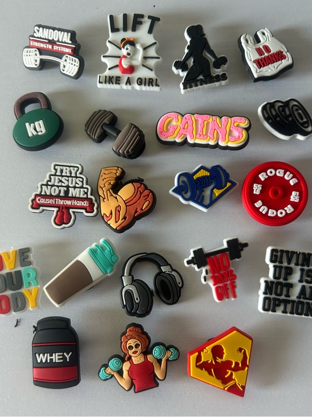 Fitness Jibbitz Shoe Charms - Assorted Gym Icons (Weights, Kettlebell, Protein)